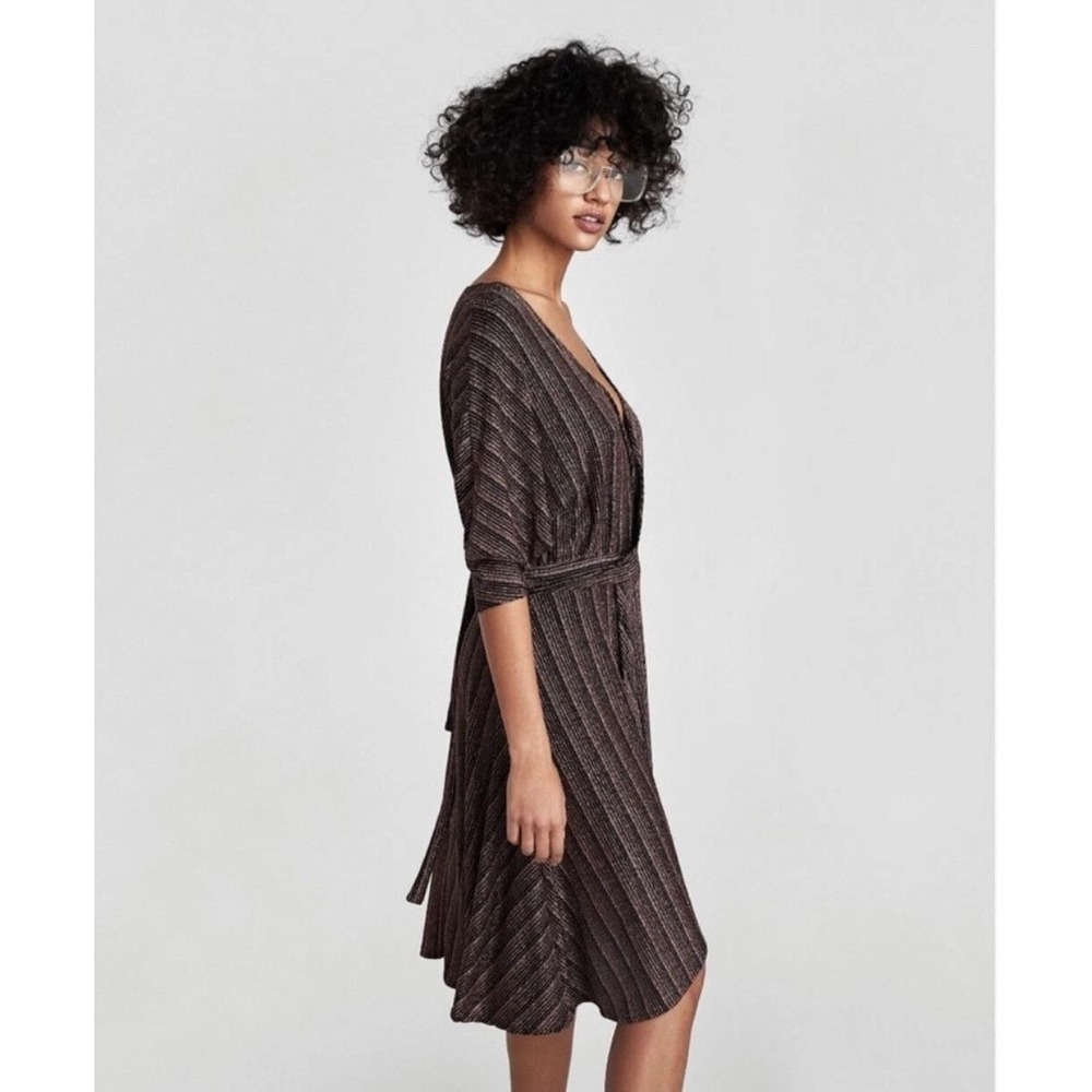 Zara Bronze Metallic Striped Kimono Wrap Dress V-Neck High-Low Small S - Picture 3 of 9